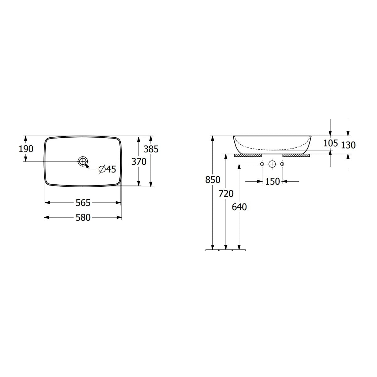 417258RW Villeroy & Boch Artis CeramicPlus 58 x 38,5 cm nadpultni umivalnik brez odprtine za armaturo