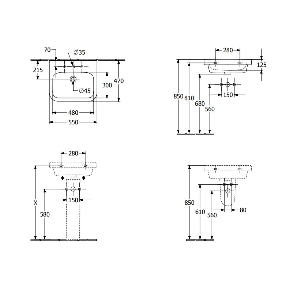 41885501 Villeroy & Boch Finion 55 x 47 cm keramični umivalnik z odprtino za armaturo