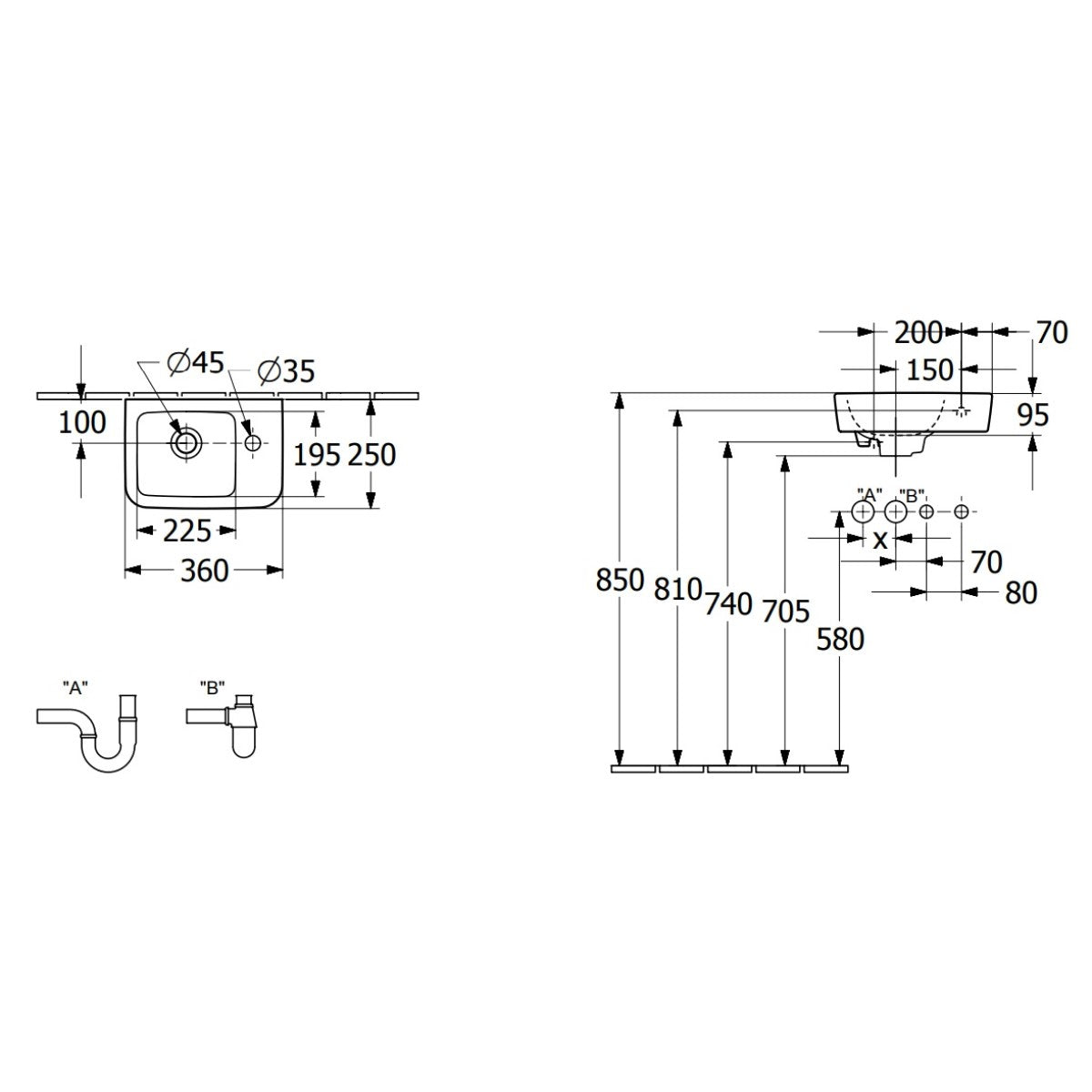 43433601 Villeroy & Boch O.Novo Compact 36 x 25 cm keramični umivalnik z odprtino za armaturo desna izvedba