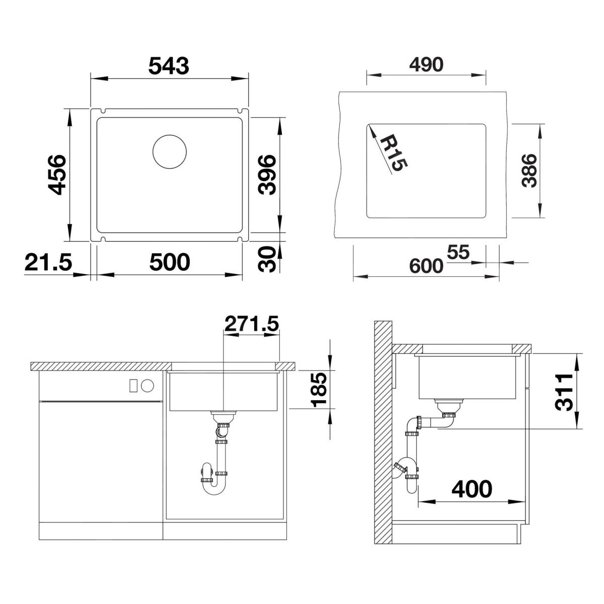 523740 Blanco Subline 500-U pomivalno korito iz keramike