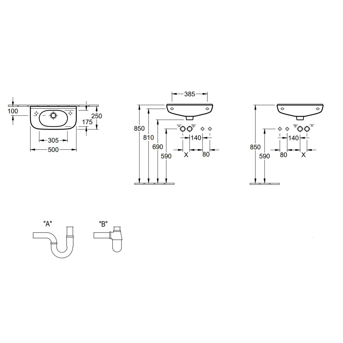 536153R1 Villeroy & Boch O.Novo Compact CeramicPlus 50 x 25 cm keramični umivalnik desna izvedba