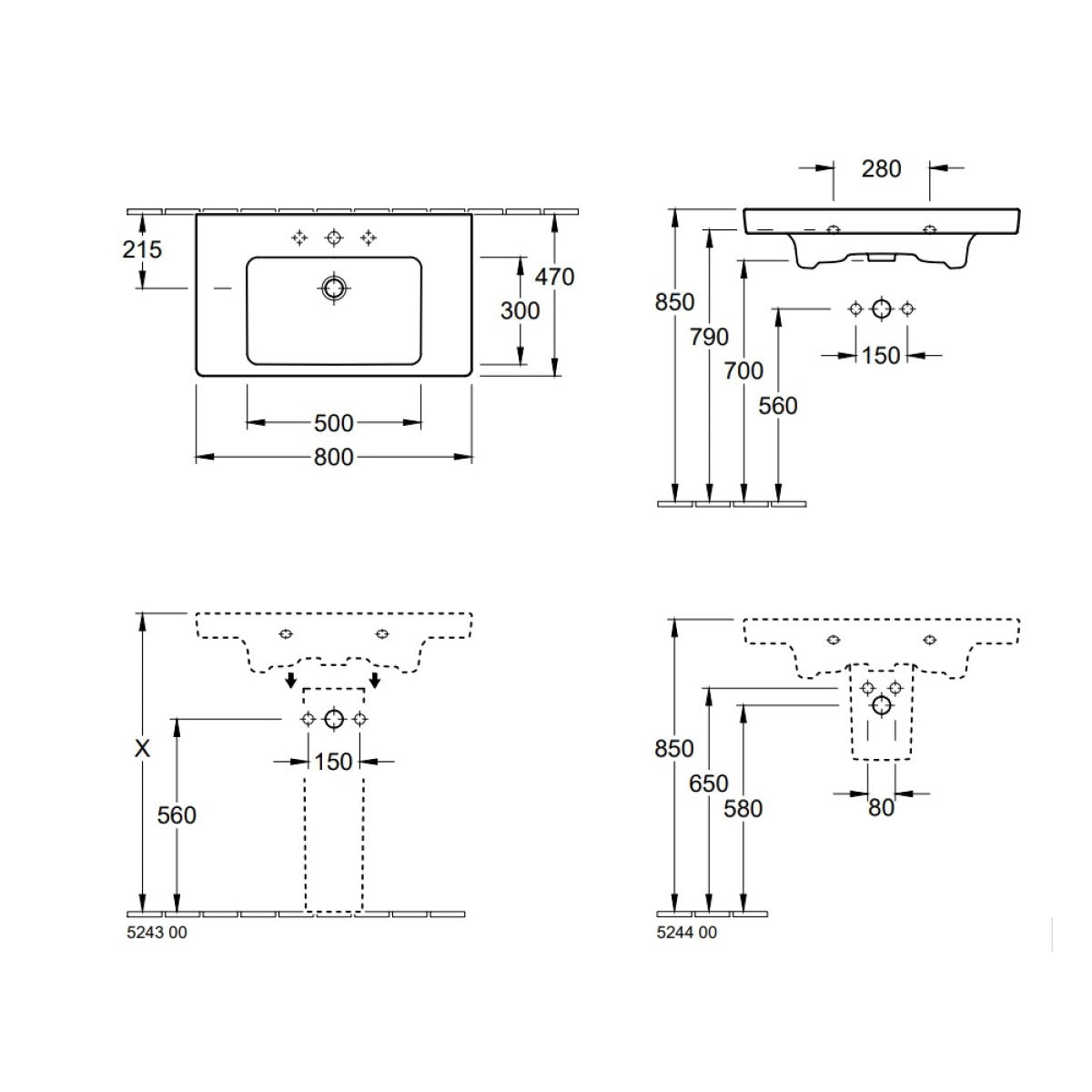 71758001 Villeroy & Boch Subway 2.0 80 x 47,5 cm keramični umivalnik z odprtino za armaturo