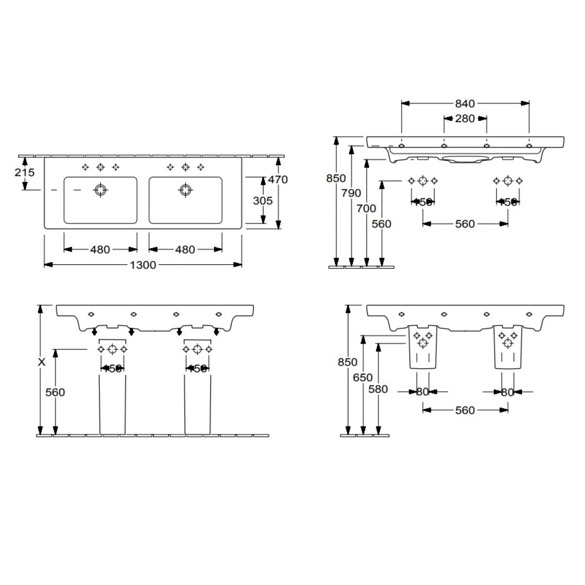 7175D001 Villeroy & Boch Subway 2.0 130 x 47 cm dvojni keramični umivalnik z 2 odprtinama za armaturo