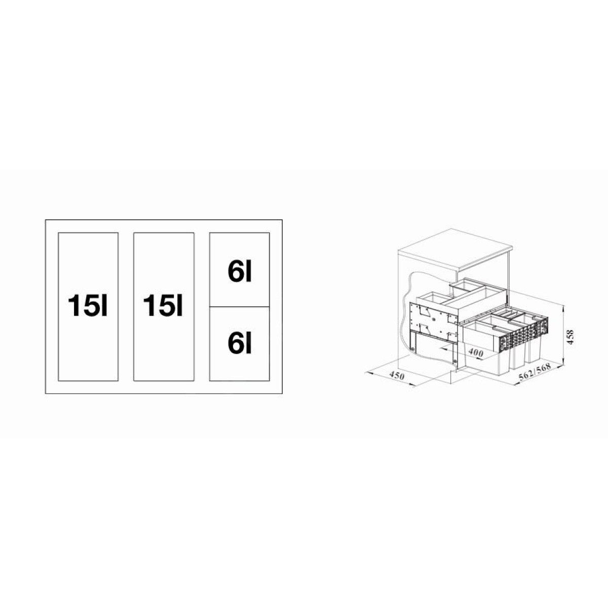 526211 Blanco Select II 60/4 Orga, 2 x 15l, 2 x 6l sorter odpadkov