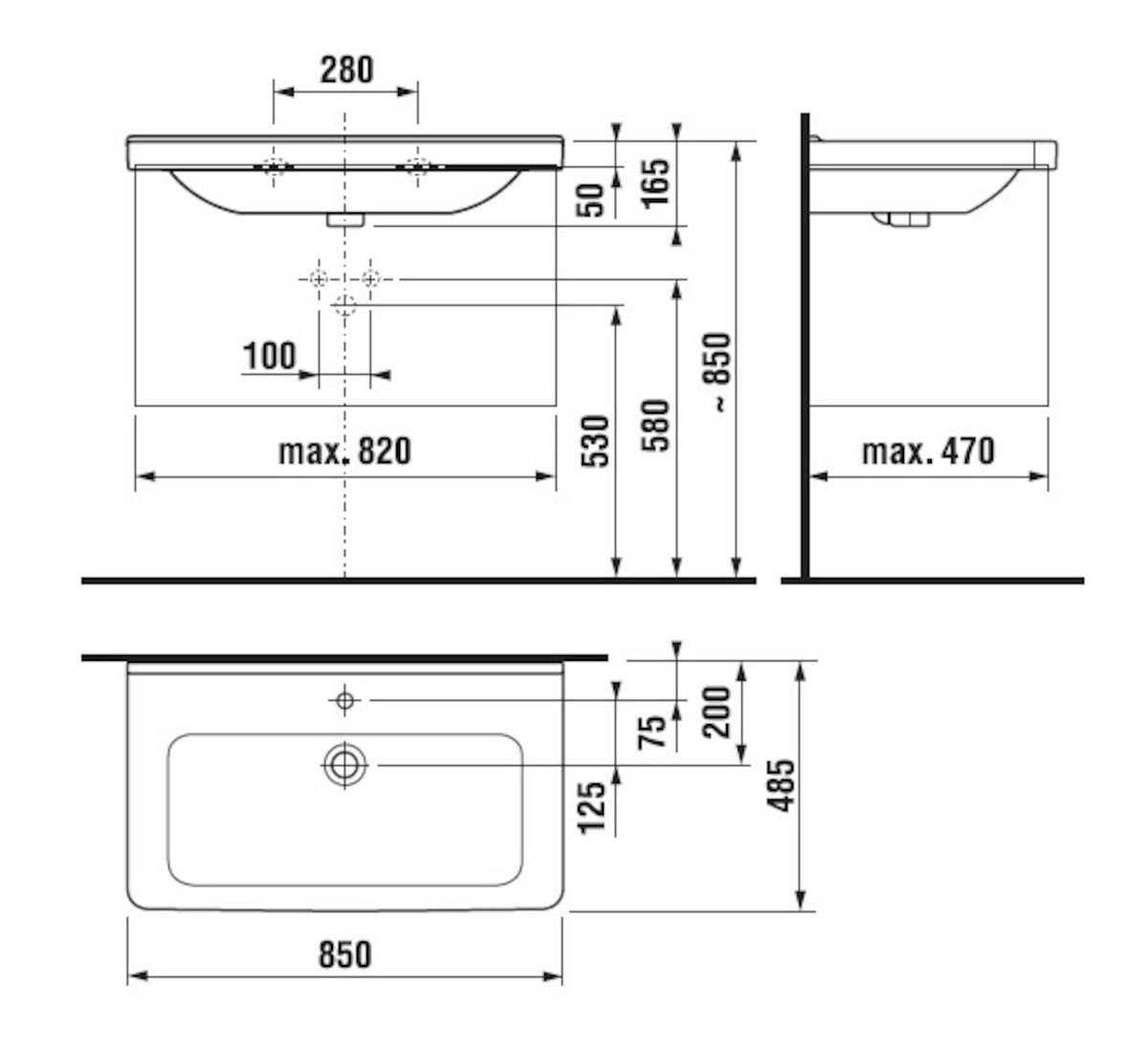 H8104260001041 Jika Cubito 85 x 48,5 cm pravokotni stenski keramični umivalnik z odprtino za armaturo