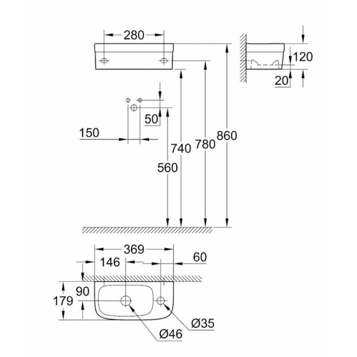 3932700H Grohe Euro Ceramic 37 x 18 cm desna izvedba keramični umivalnik z odprtino za armaturo