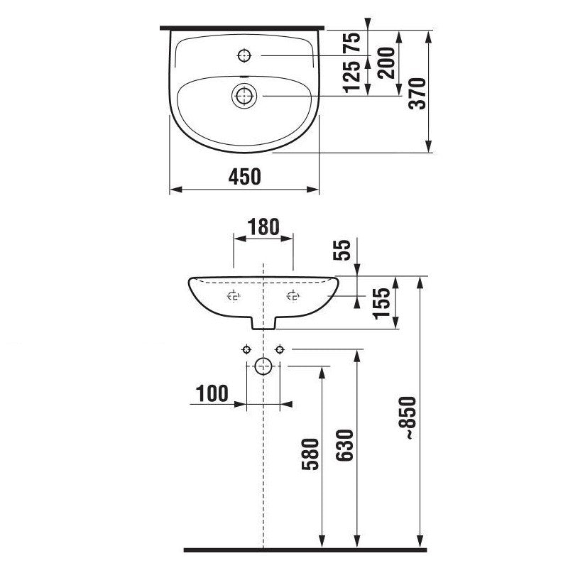 H8153820001041 Jika Lyra Plus 45 x 37 cm stenski keramični umivalnik z odprtino za armaturo