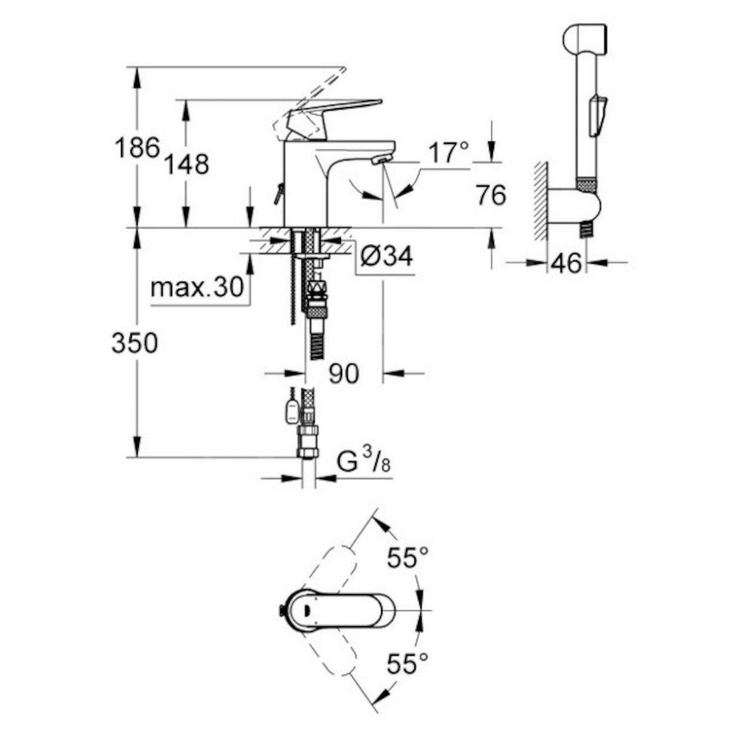 Armature za umivalnike — 23125000 Grohe Eurosmart Cosmopolitan armatura za umivalnik s higijenskim tuš setom | SAN-KERAMIKA.SI