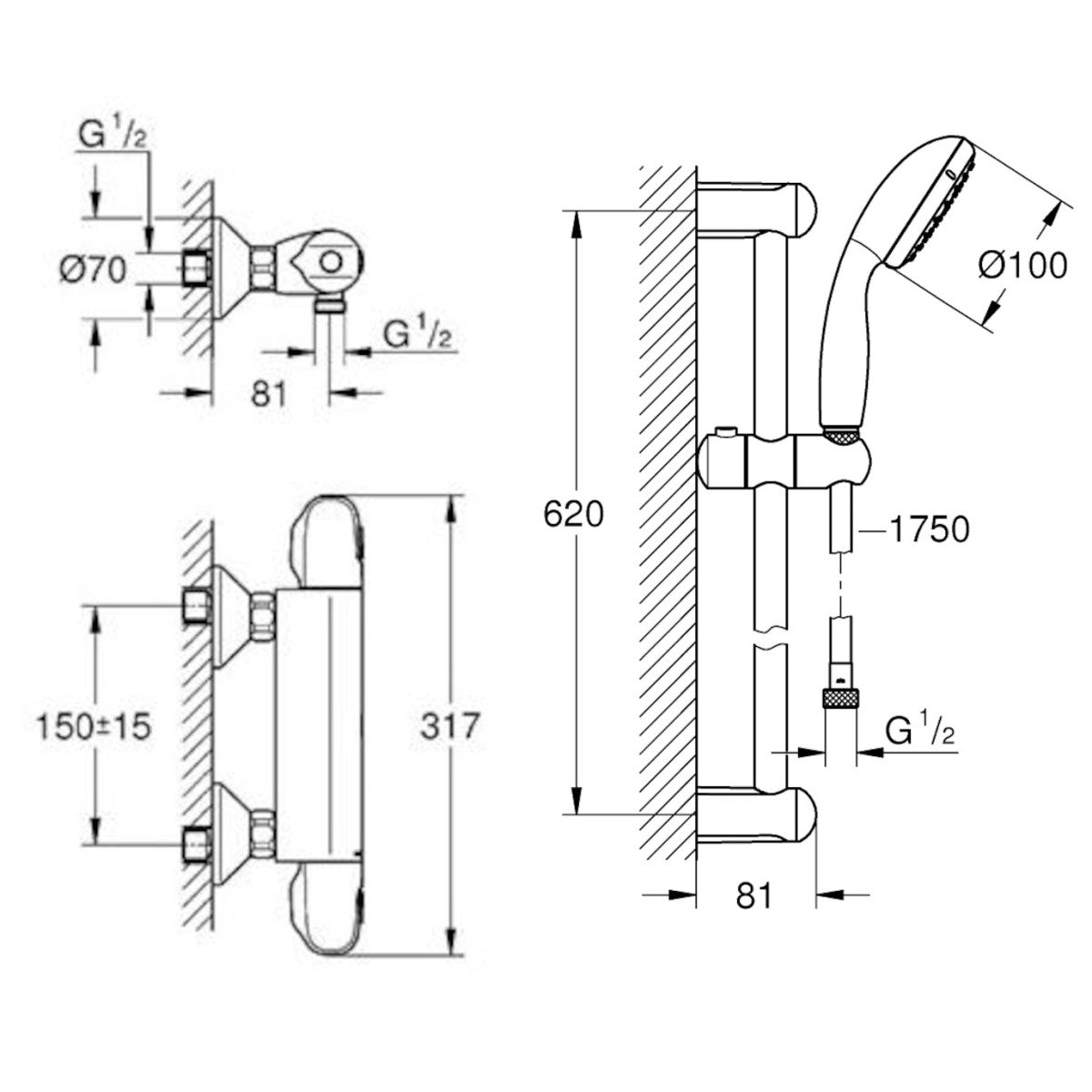 34152004 Grohe Grohtherm 1000 New stenska termostatska armatura s tuš setom