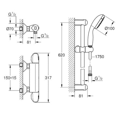 34152004 Grohe Grohtherm 1000 New stenska termostatska armatura s tuš setom