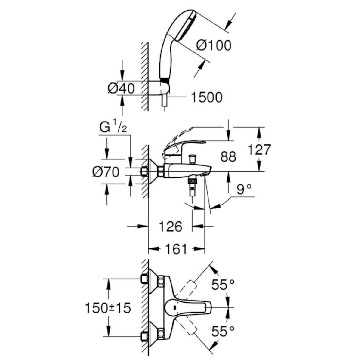 3330220A Grohe Eurosmart New armatura za kad s tuš ročko