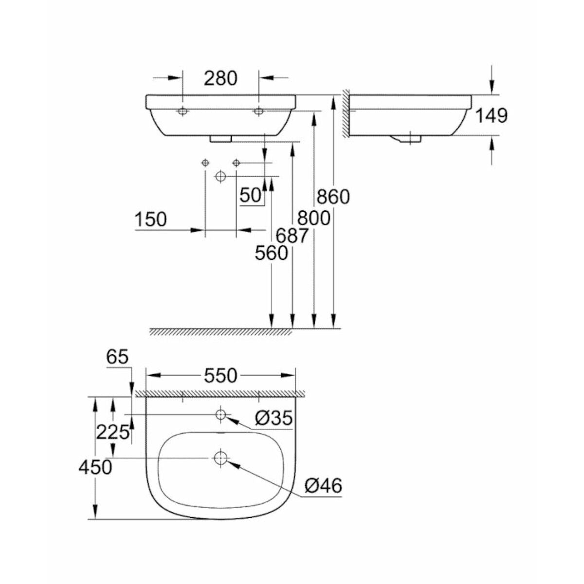 39336000 Grohe Euro Ceramic 55 x 45 cm stenski keramični umivalnik z odprtino za armaturo