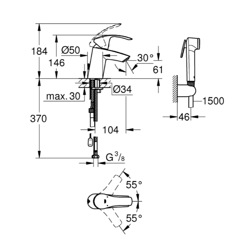 Armature za umivalnike — 23124002 Grohe Eurosmart New armatura za umivalnik s higijenskim tuš setom | SAN-KERAMIKA.SI