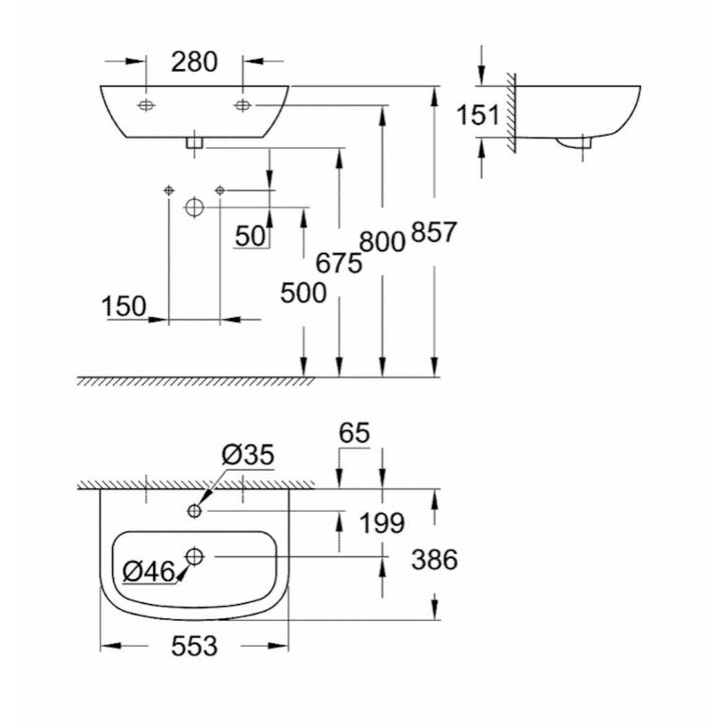 39440000 Grohe Bau Ceramic 55 x 38 cm stenski keramični umivalnik z odprtino za armaturo