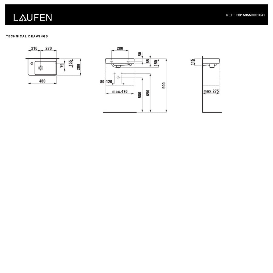 H8159550001041 Laufen Pro S 48 x 28 cm leva izvedba keramični umivalnik z odprtino za armaturo