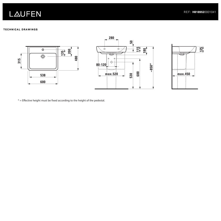 H8189520001041 Laufen Pro 60 x 48 cm pravokotni stenski keramični umivalnik z odprtino za armaturo