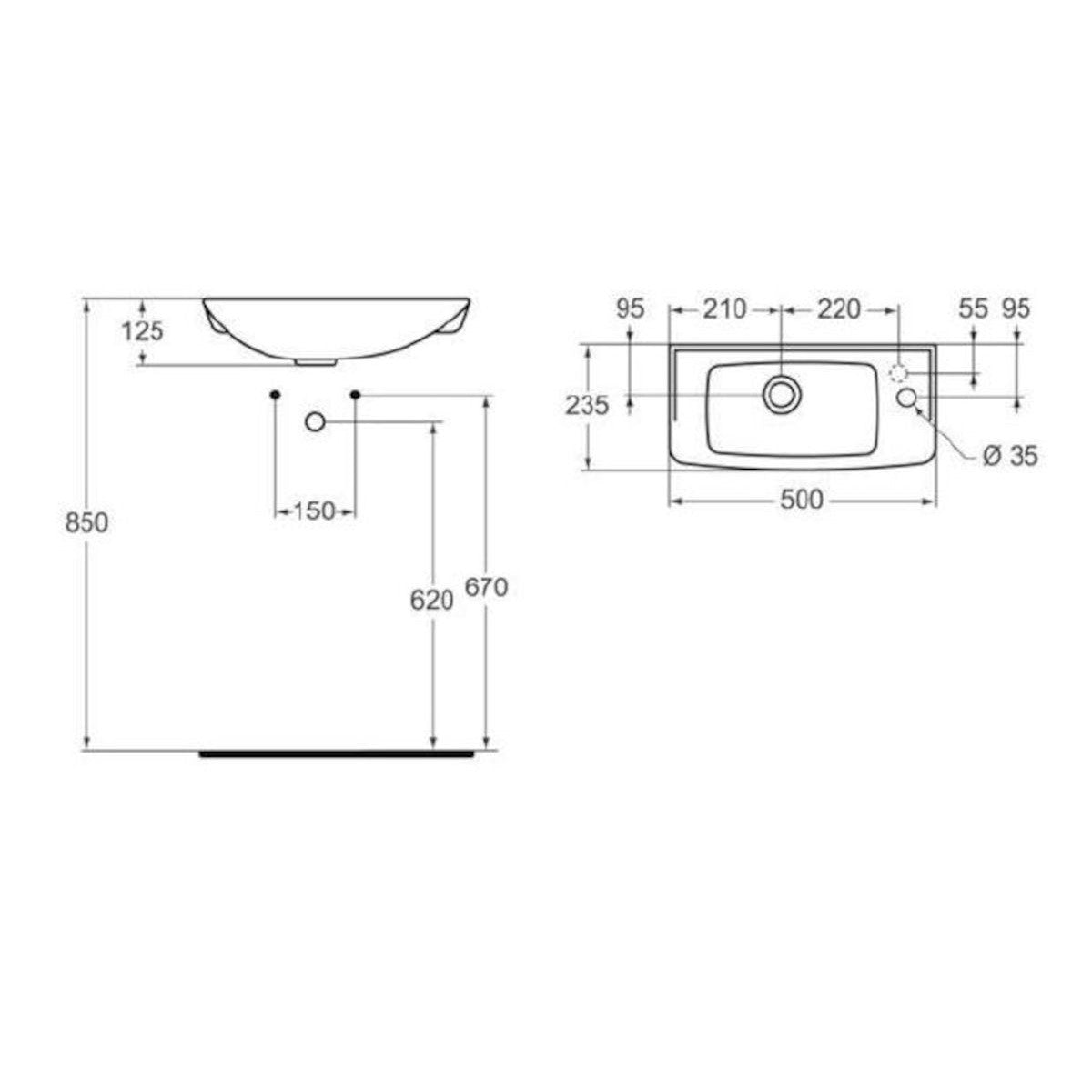 R421901 Ideal Standard Eurovit 50 x 23,5 cm desna izvedba keramični umivalnik z odprtino za armaturo