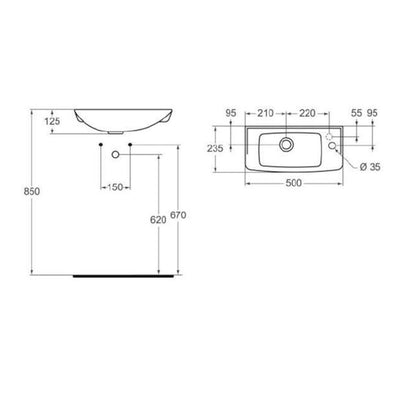 R421901 Ideal Standard Eurovit 50 x 23,5 cm desna izvedba keramični umivalnik z odprtino za armaturo