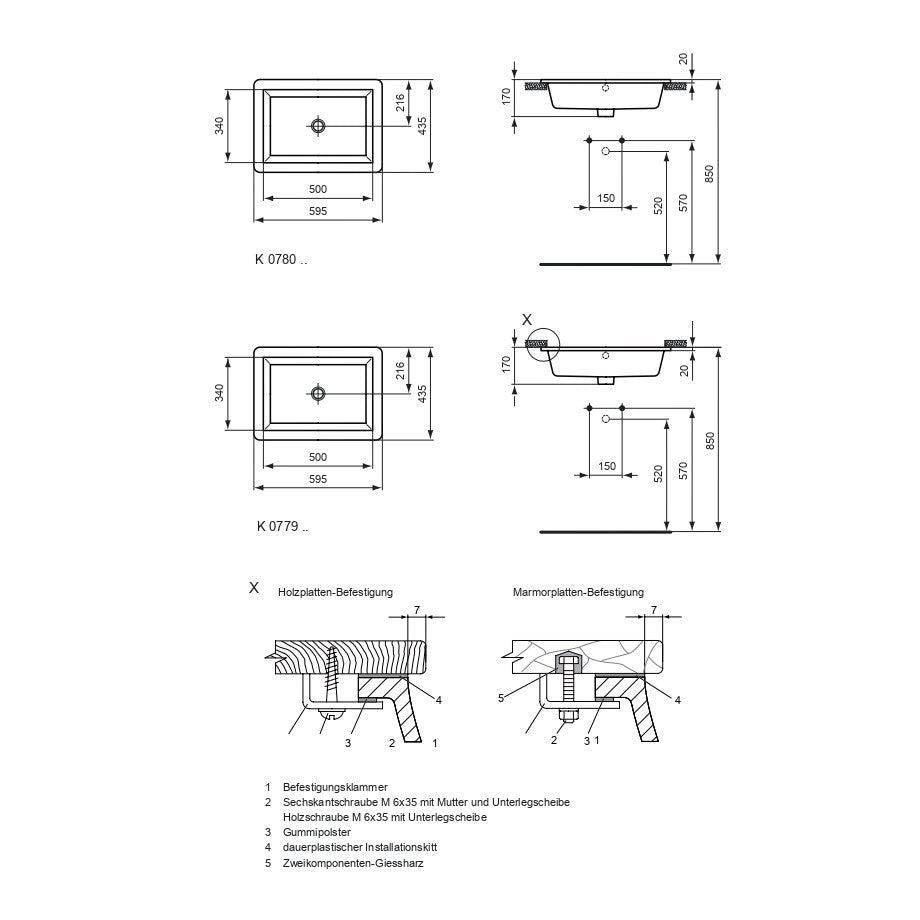 K078001 Ideal Standard Strada 59,5 x 43,5 cm vgradni keramični umivalnik